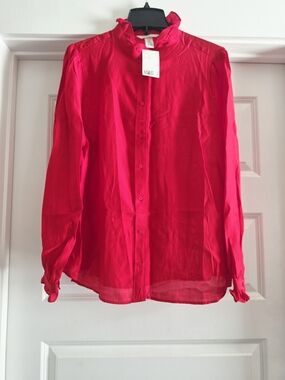 H&M Bright Red Ruffle Collar Button-Down Blouse